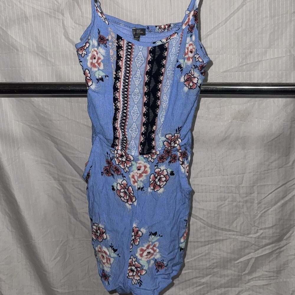 Lily Rose Blue and Pink Floral Romper with Pockets and Strappy Back